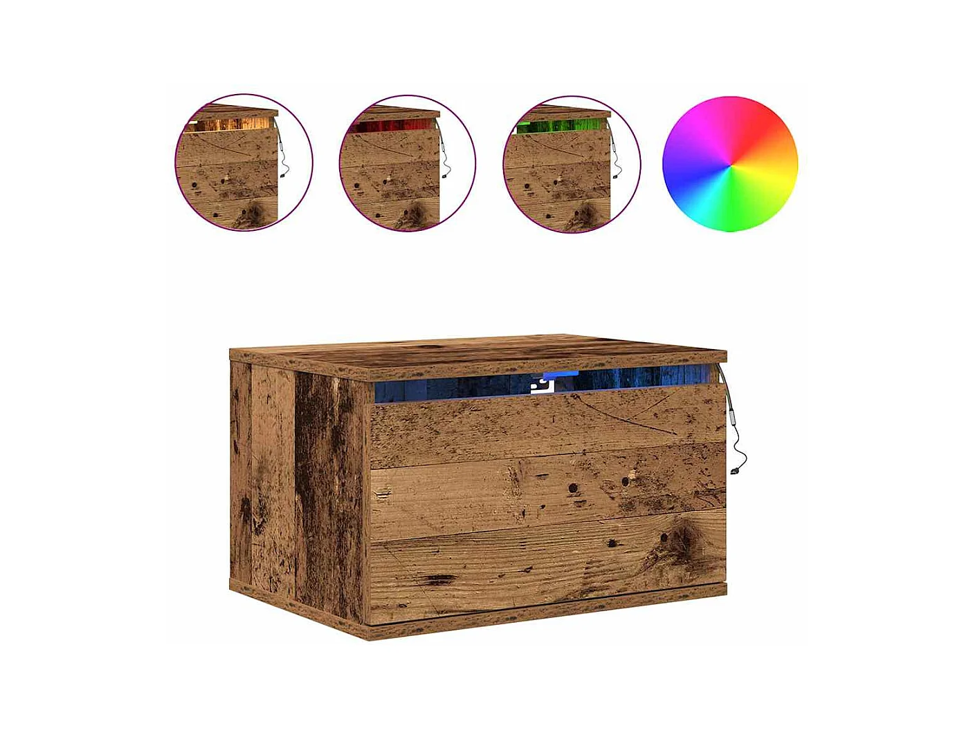 Comodini da parete in legno antico a 2 pezzi con luci a LED