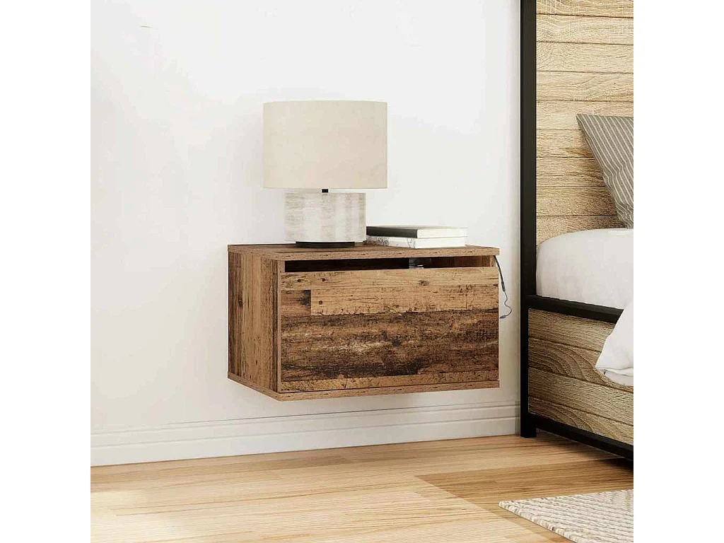 Tables de chevet avec lumières LED 2 pièces à mur en bois ancien