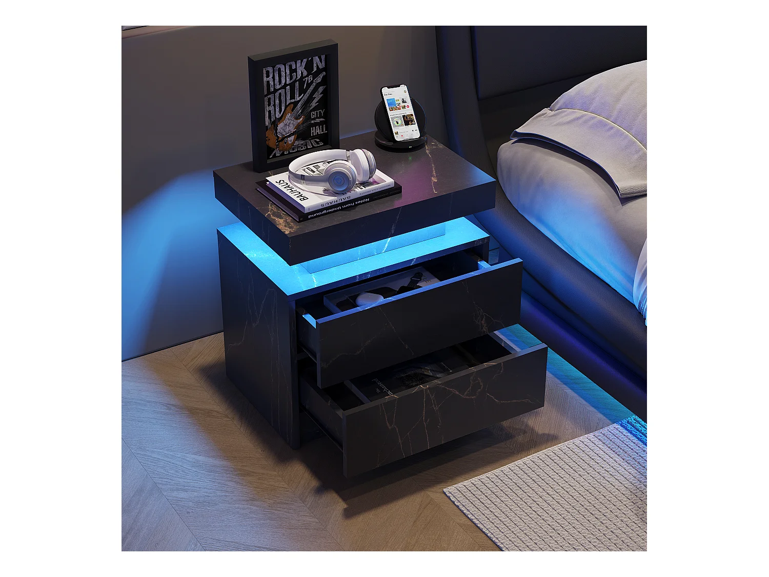 Table de chevet moderne avec LED, 2 tiroirs, bois stratifié, noir et doré (50x53x36cm)