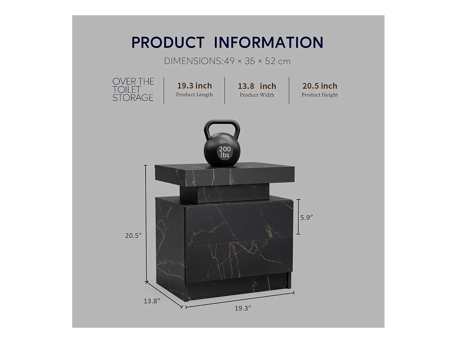 Table de chevet moderne avec LED, 2 tiroirs, bois stratifié, noir et doré (50x53x36cm)