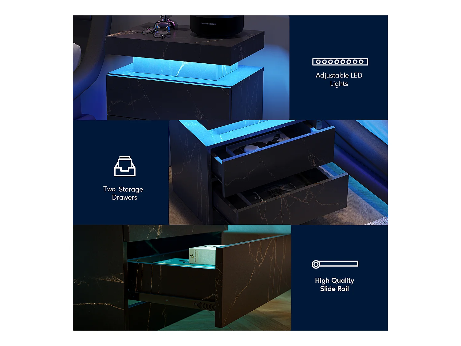 Table de chevet moderne avec LED, 2 tiroirs, bois stratifié, noir et doré (50x53x36cm)