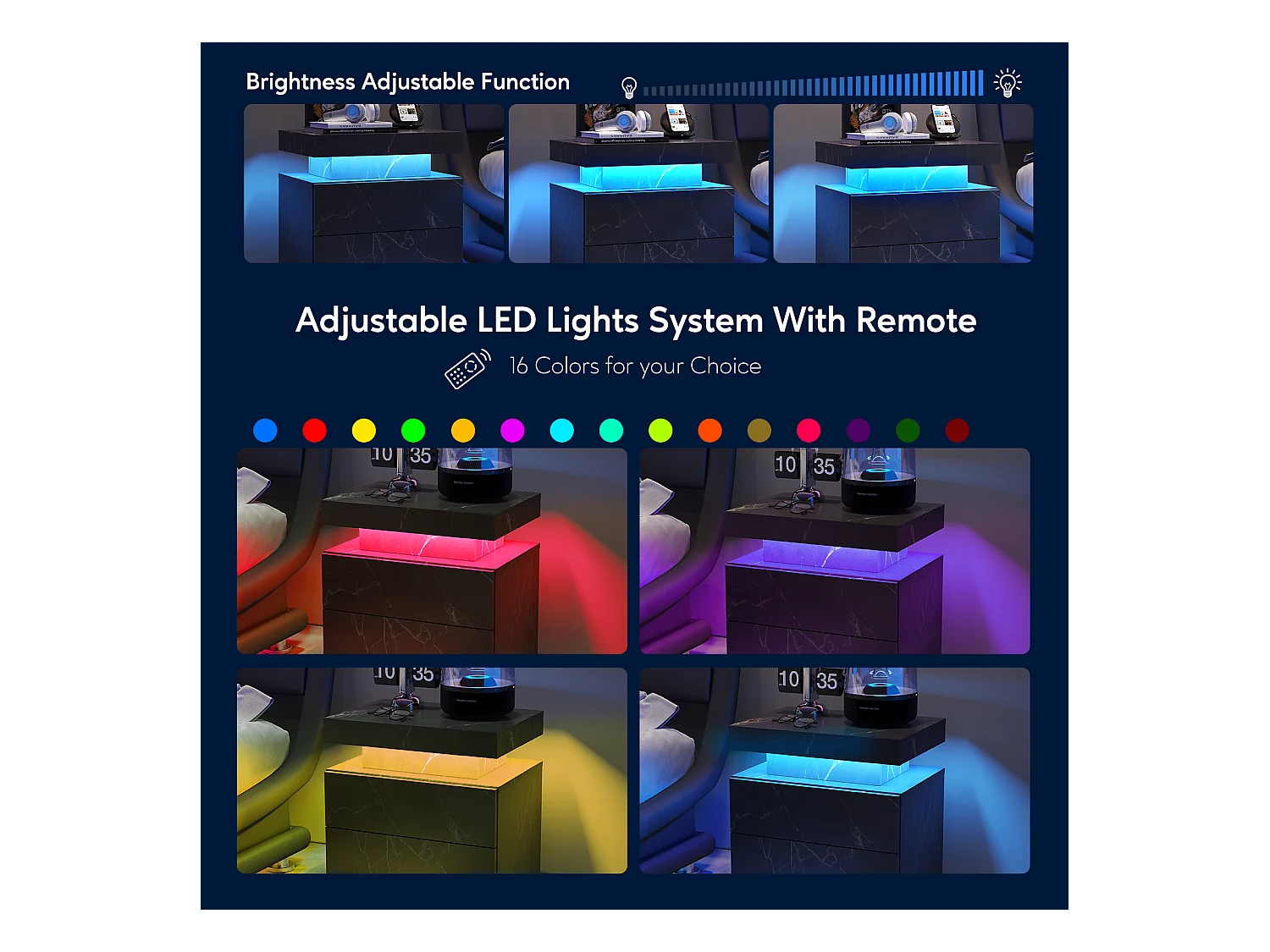 Table de chevet moderne avec LED, 2 tiroirs, bois stratifié, noir et doré (50x53x36cm)