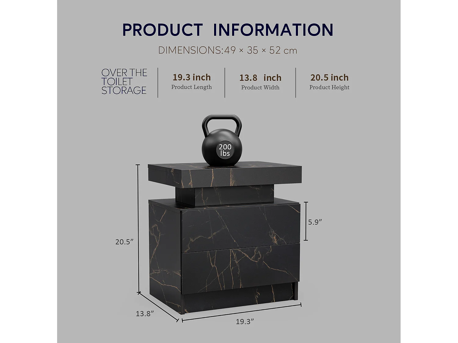 Mesita de noche moderna con LED, 2 cajones, madera laminada, negro y dorado (50x53x36cm)