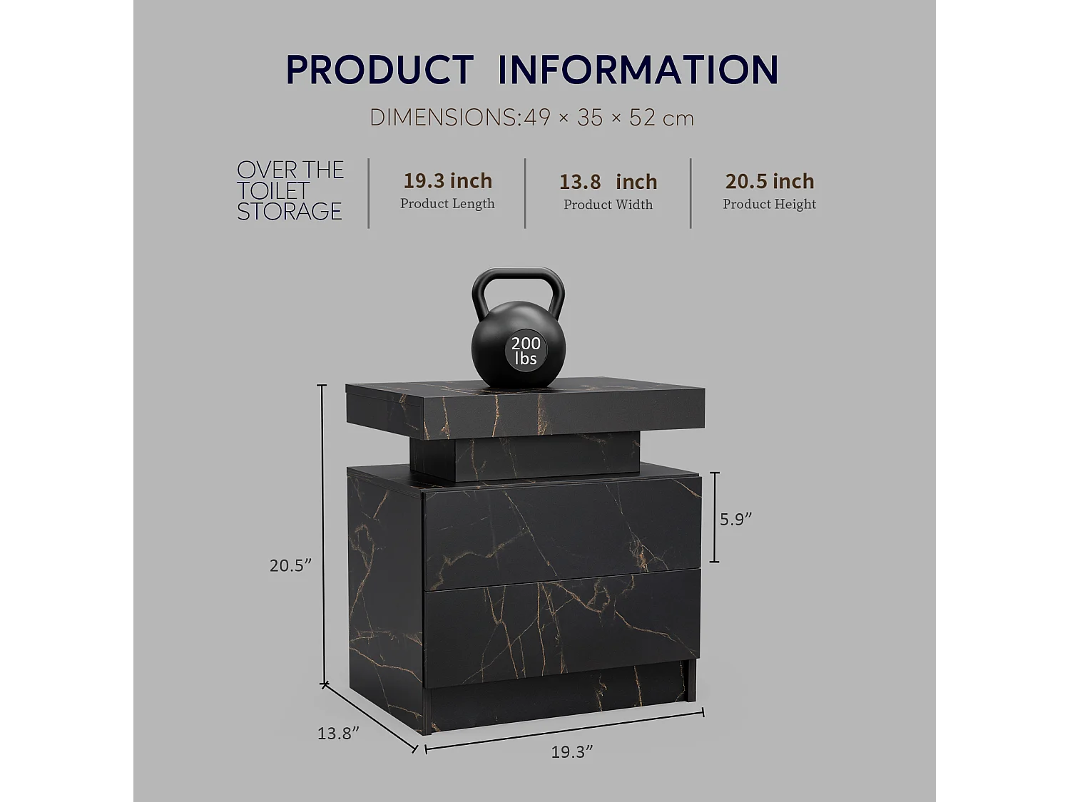 Comodino moderno con LED, 2 cassetti, legno laminato, nero e oro (50x53x36cm)