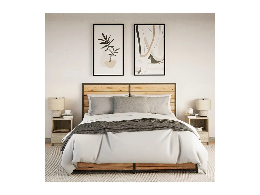 2-teiliger Nachttisch und LED-Leuchten, Sonoma-Eiche