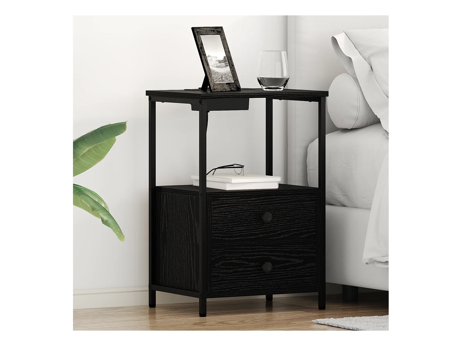 Table de nuit avec station de chargement 2 pcs Chêne noir