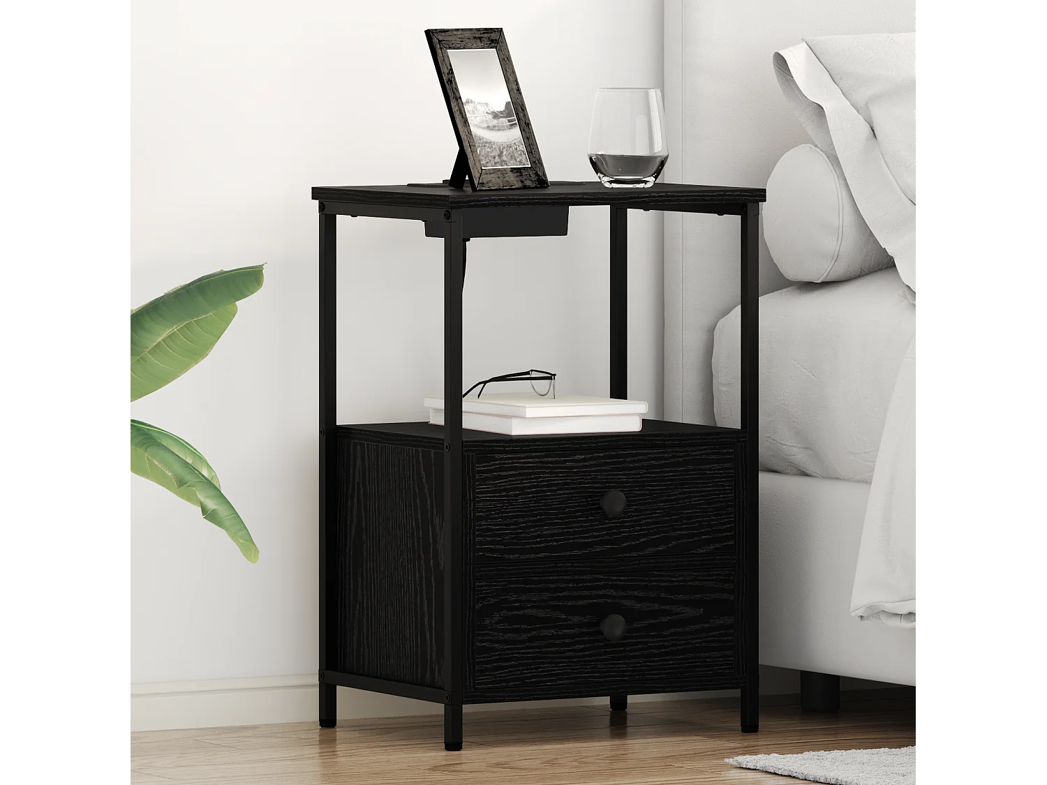 Table de nuit avec station de chargement 2 pcs Chêne noir