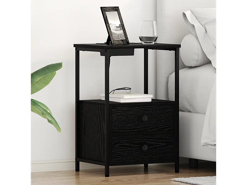 Table de nuit avec station de chargement 2 pcs Chêne noir