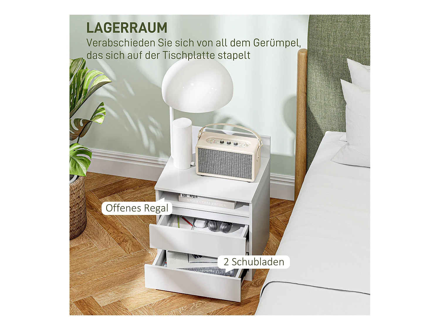 Table de chevet 2 tiroirs, table d'appoint avec étagère, bois MDF, blanc (39.6x32.3x50.4 cm)