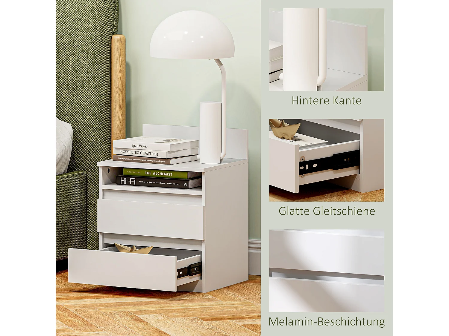 Table de chevet 2 tiroirs, table d'appoint avec étagère, bois MDF, blanc (39.6x32.3x50.4 cm)