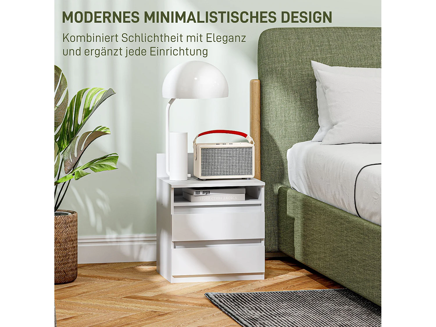 Table de chevet 2 tiroirs, table d'appoint avec étagère, bois MDF, blanc (39.6x32.3x50.4 cm)