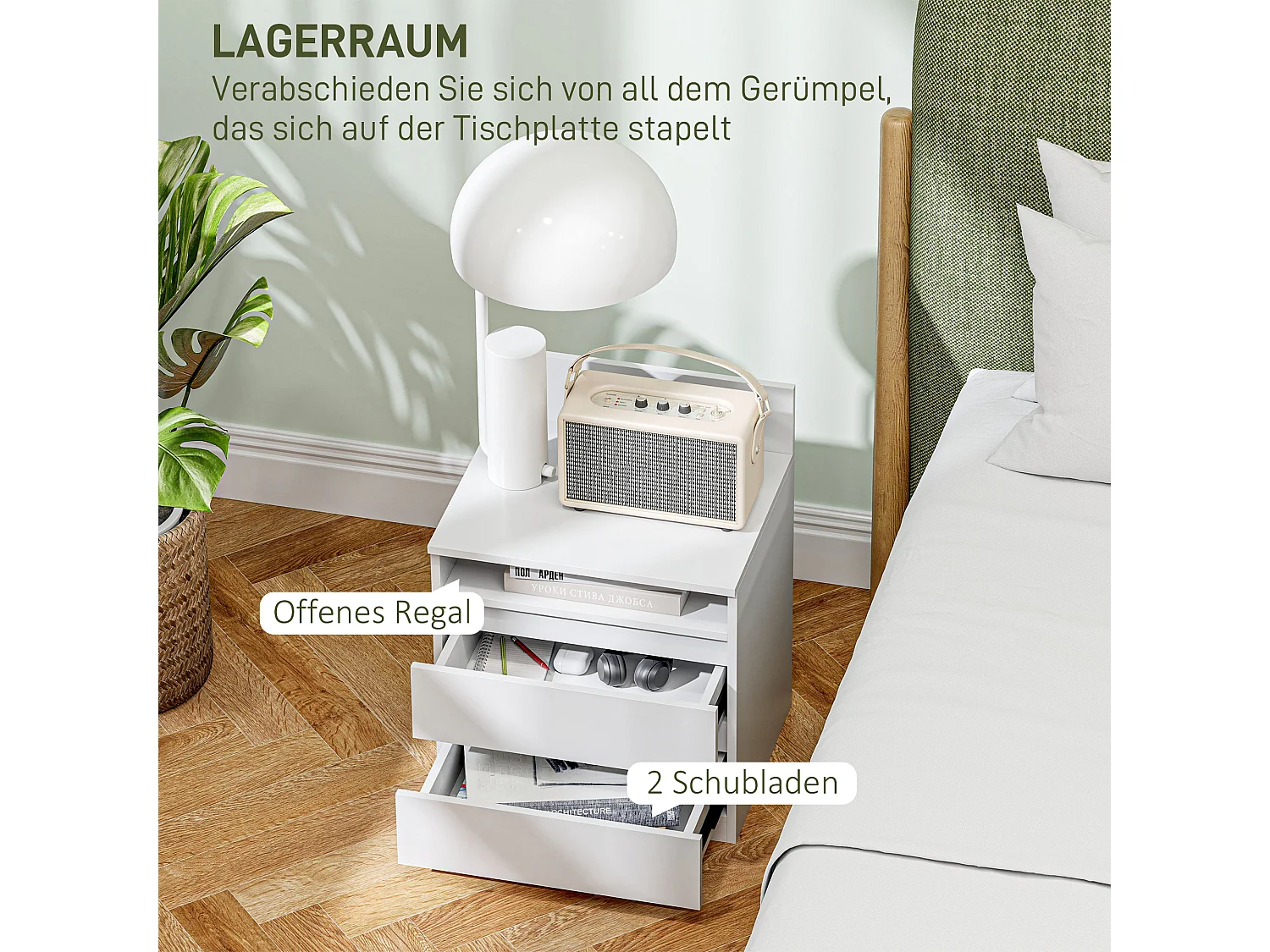 Table de chevet 2 tiroirs, table d'appoint avec étagère, bois MDF, blanc (39.6x32.3x50.4 cm)