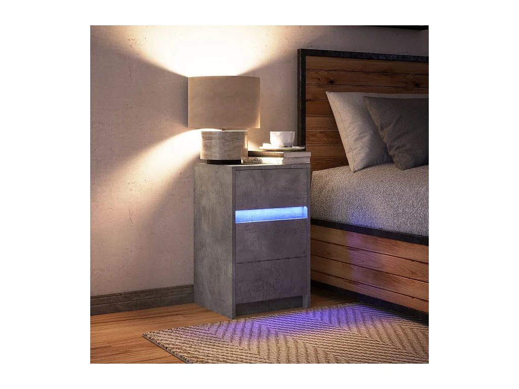 Armoire de chevet et lumières LED gris béton bois d'ingénierie