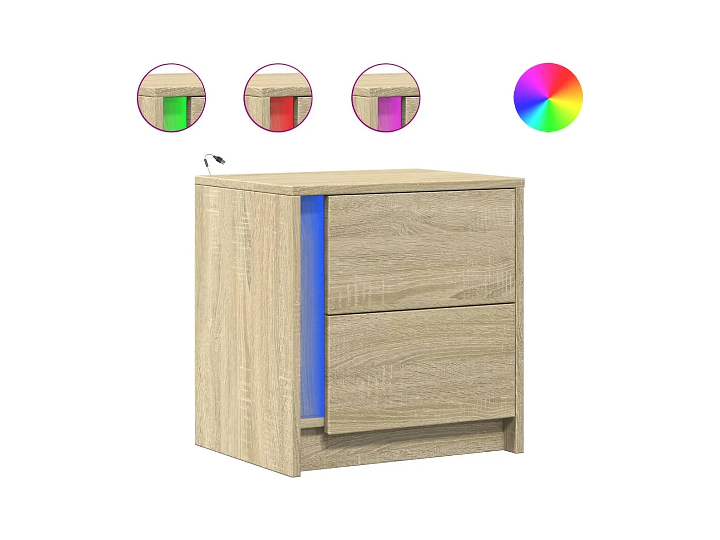 2-teiliger Nachttisch und LED-Leuchten, Sonoma-Eiche
