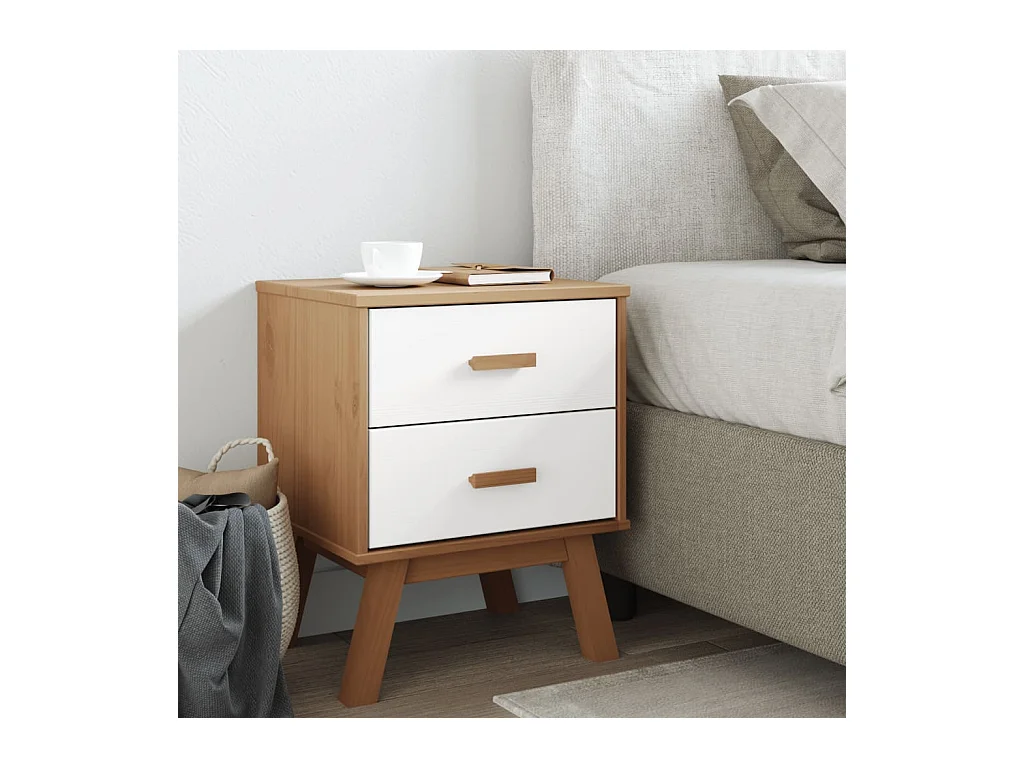Table de chevet OLDEN blanc et marron bois de pin solide