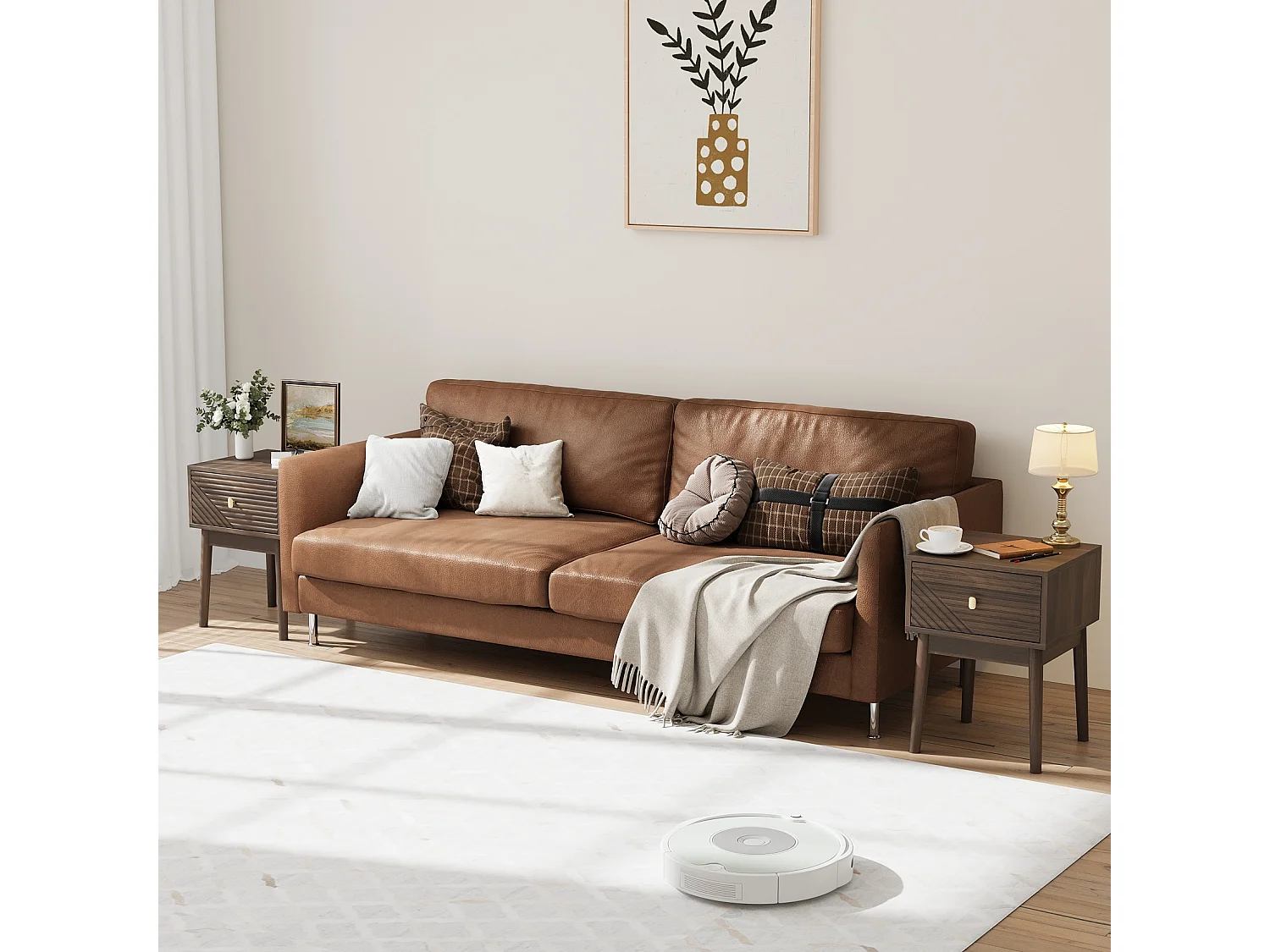 Table de chevet moderne style mid-century, noyer, 1 tiroir avec poignées métalliques (40x40x55 cm)