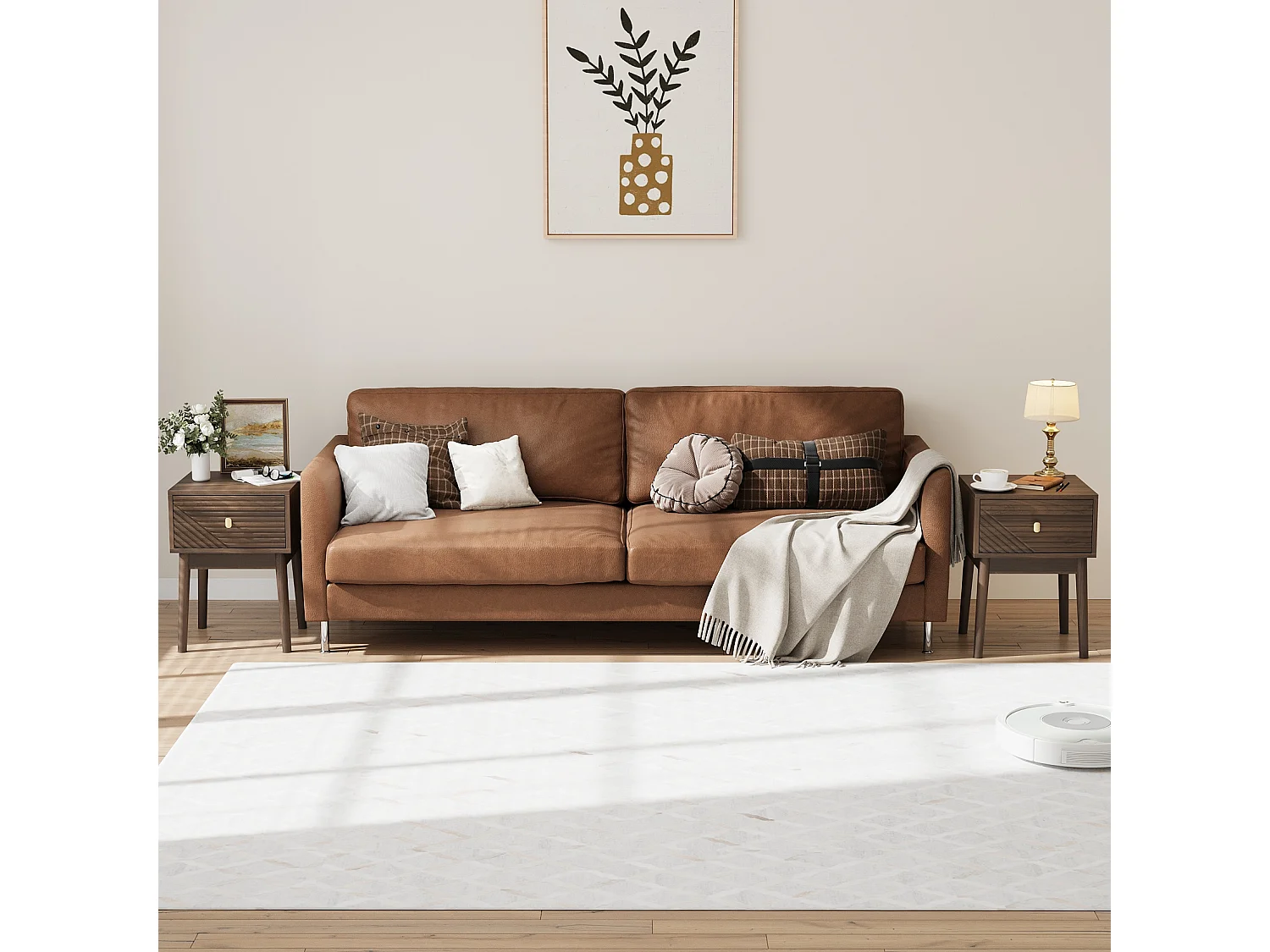 Table de chevet moderne style mid-century, noyer, 1 tiroir avec poignées métalliques (40x40x55 cm)