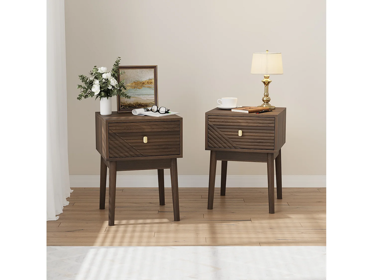 Table de chevet moderne style mid-century, noyer, 1 tiroir avec poignées métalliques (40x40x55 cm)