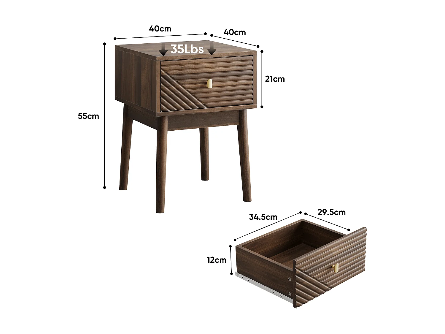 Table de chevet moderne style mid-century, noyer, 1 tiroir avec poignées métalliques (40x40x55 cm)