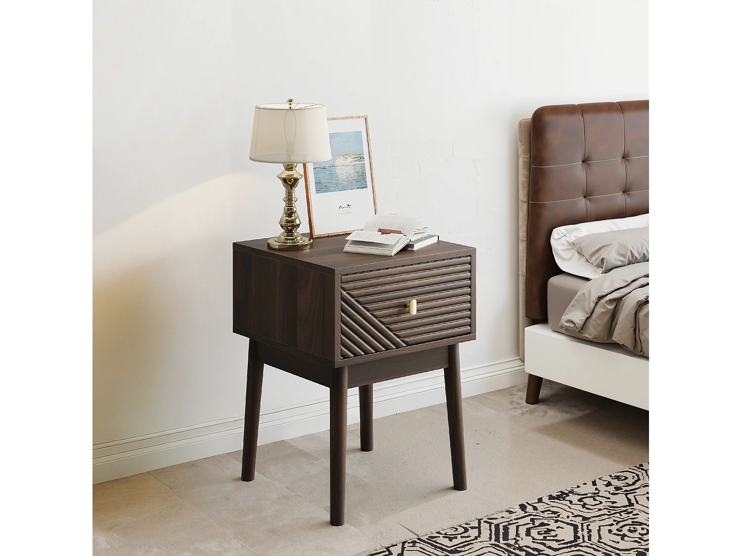 Table de chevet moderne style mid-century, noyer, 1 tiroir avec poignées métalliques (40x40x55 cm)