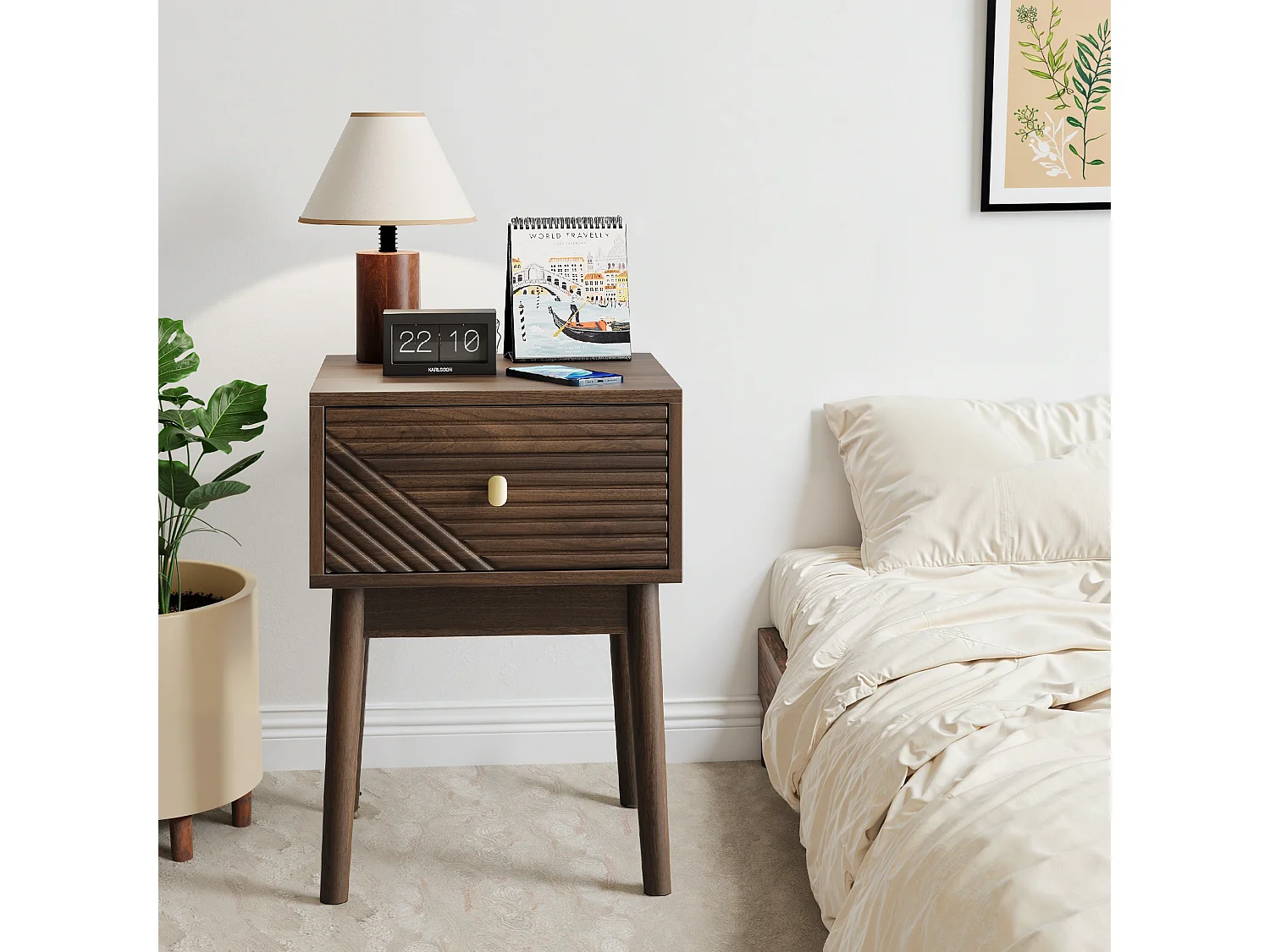 Table de chevet moderne style mid-century, noyer, 1 tiroir avec poignées métalliques (40x40x55 cm)