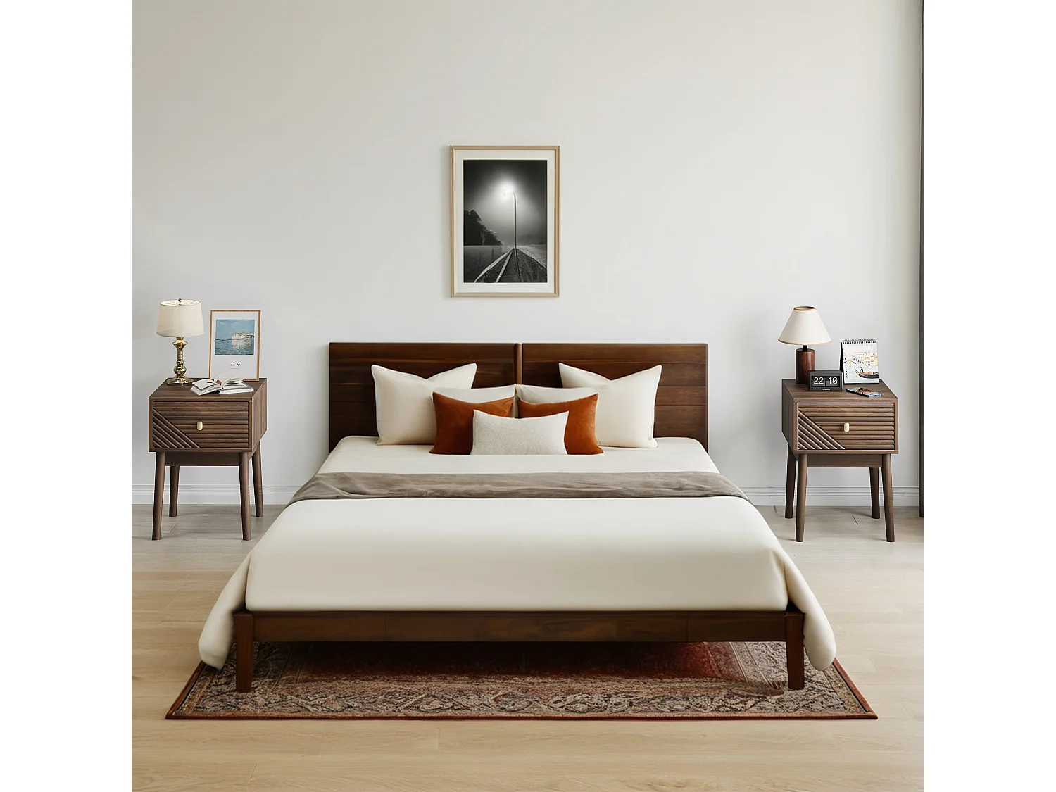 Table de chevet moderne style mid-century, noyer, 1 tiroir avec poignées métalliques (40x40x55 cm)