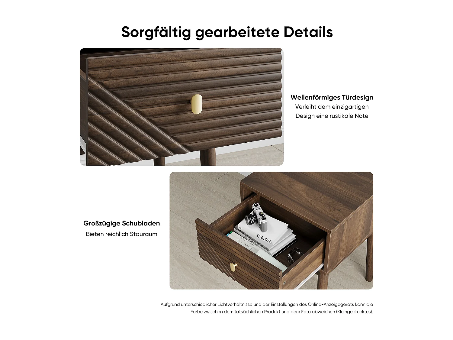 Table de chevet moderne style mid-century, noyer, 1 tiroir avec poignées métalliques (40x40x55 cm)