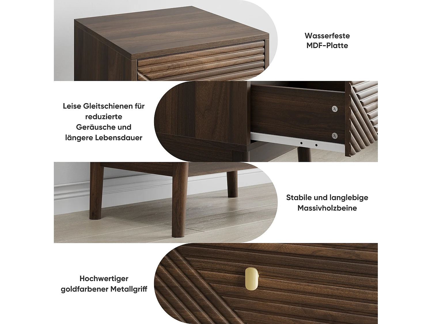 Table de chevet moderne style mid-century, noyer, 1 tiroir avec poignées métalliques (40x40x55 cm)