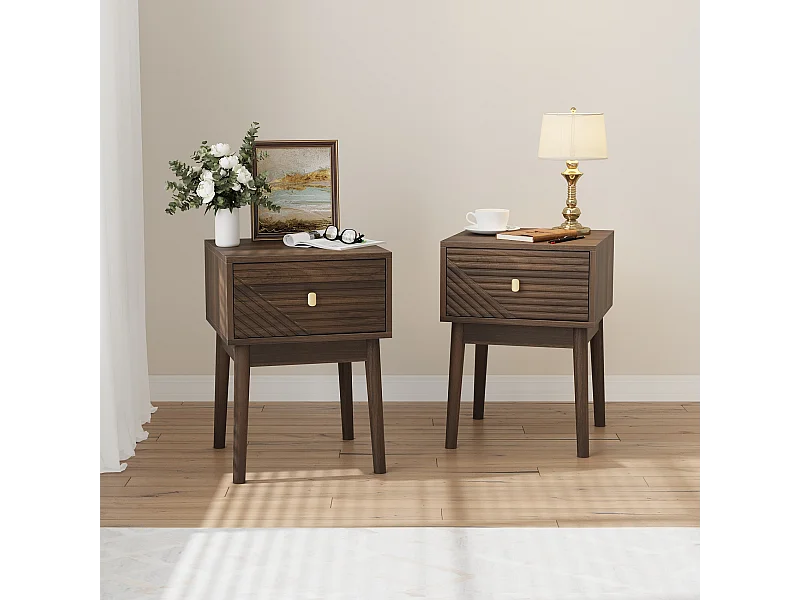 Table de chevet moderne style mid-century, noyer, 1 tiroir avec poignées métalliques (40x40x55 cm)