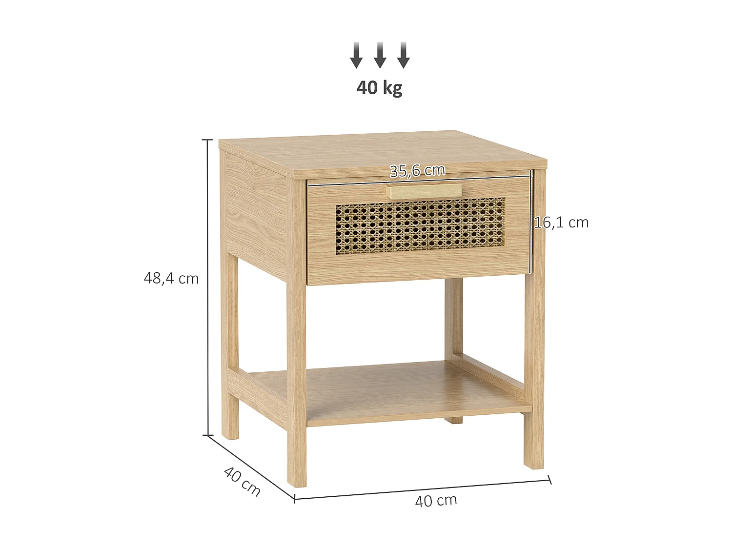 Table de chevet, design rattan, bois, naturel (40x40x48.4 cm)