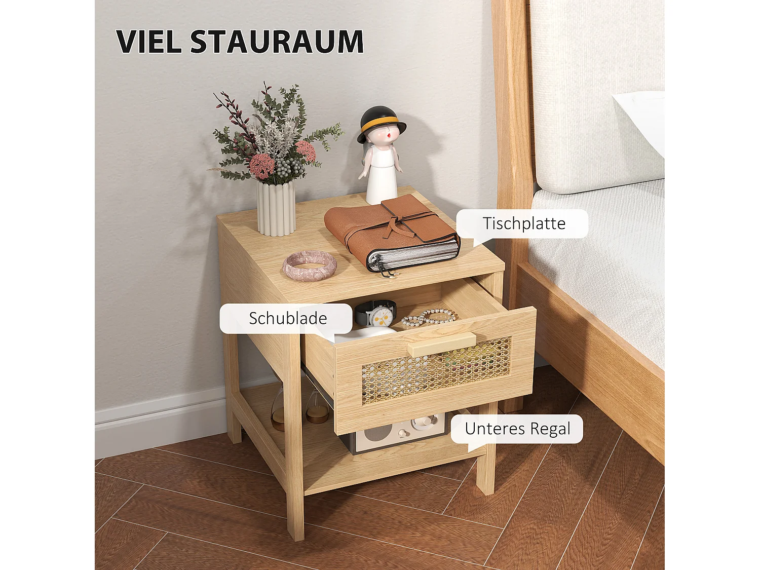 Table de chevet, design rattan, bois, naturel (40x40x48.4 cm)