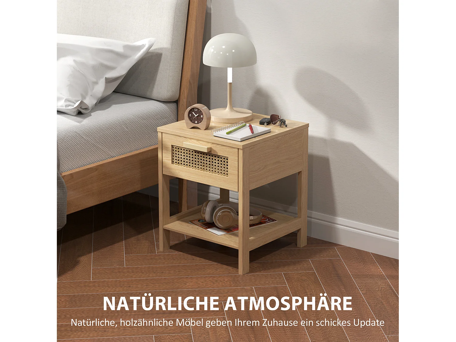 Table de chevet, design rattan, bois, naturel (40x40x48.4 cm)