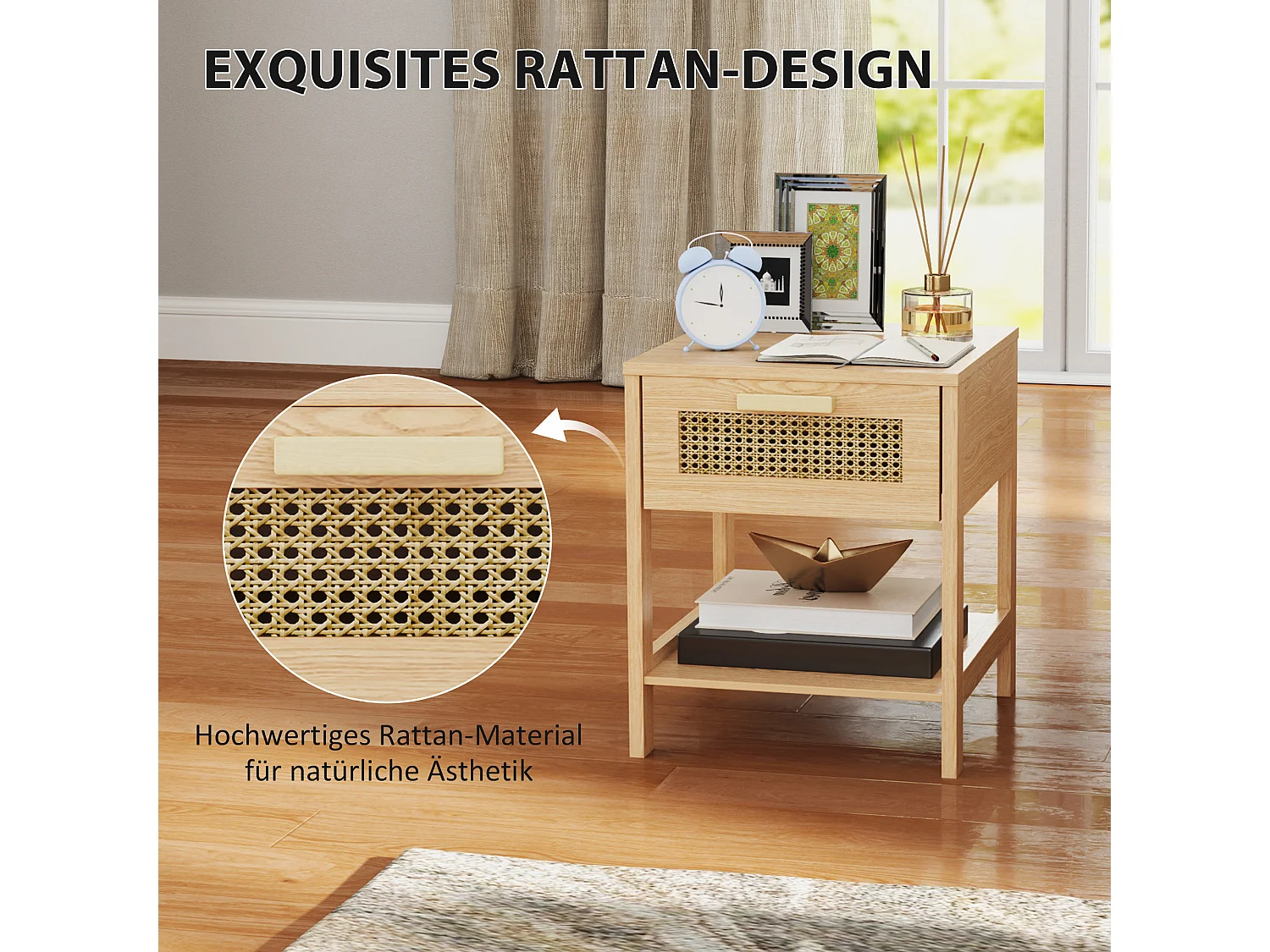 Table de chevet, design rattan, bois, naturel (40x40x48.4 cm)