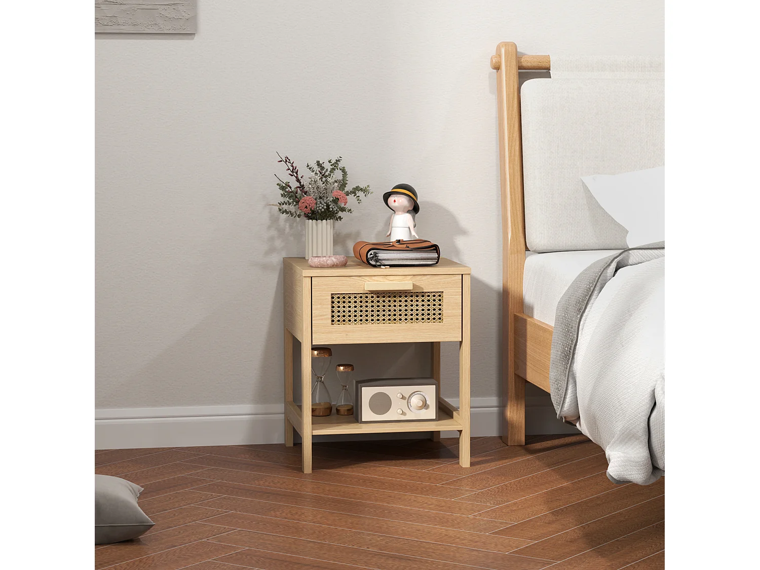 Table de chevet, design rattan, bois, naturel (40x40x48.4 cm)