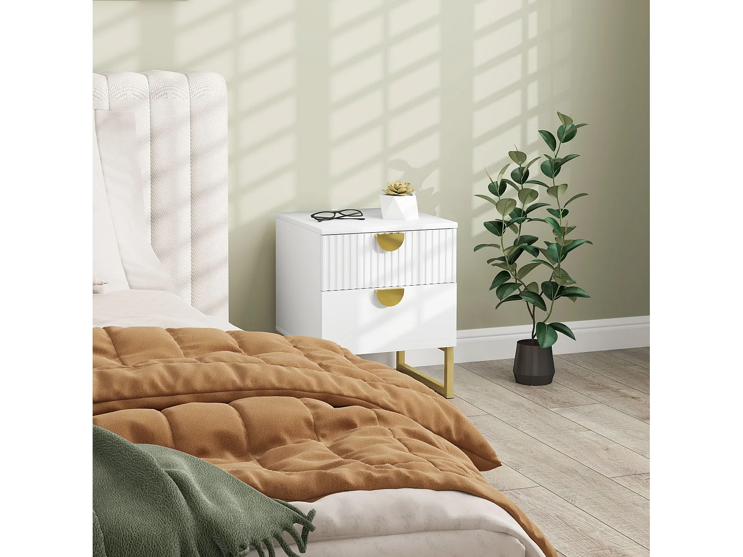 Table de chevet avec 2 tiroirs, meuble d'appoint, rangement avec poignées dorées, MDF, blanc (40x40x50 cm)