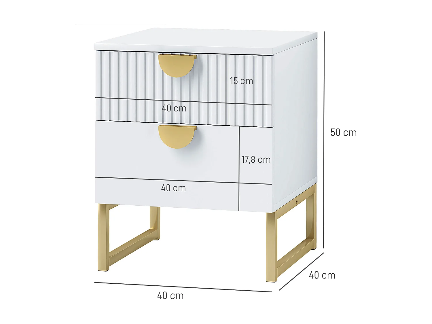 Table de chevet avec 2 tiroirs, meuble d'appoint, rangement avec poignées dorées, MDF, blanc (40x40x50 cm)
