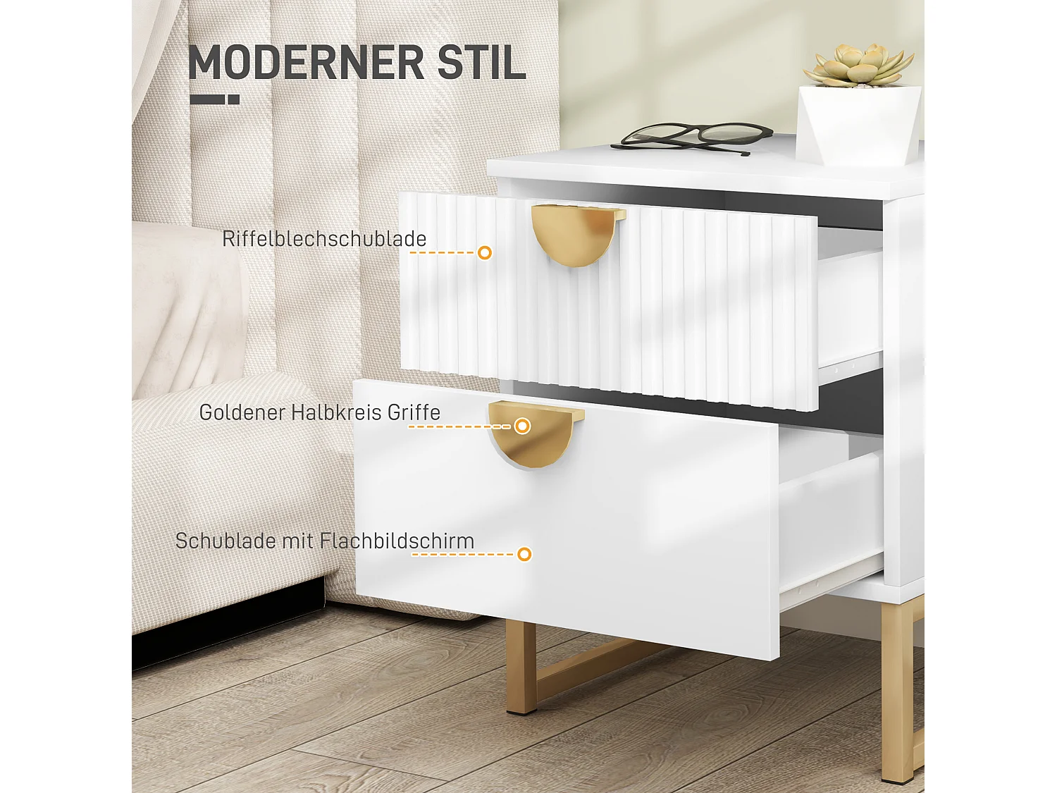 Table de chevet avec 2 tiroirs, meuble d'appoint, rangement avec poignées dorées, MDF, blanc (40x40x50 cm)