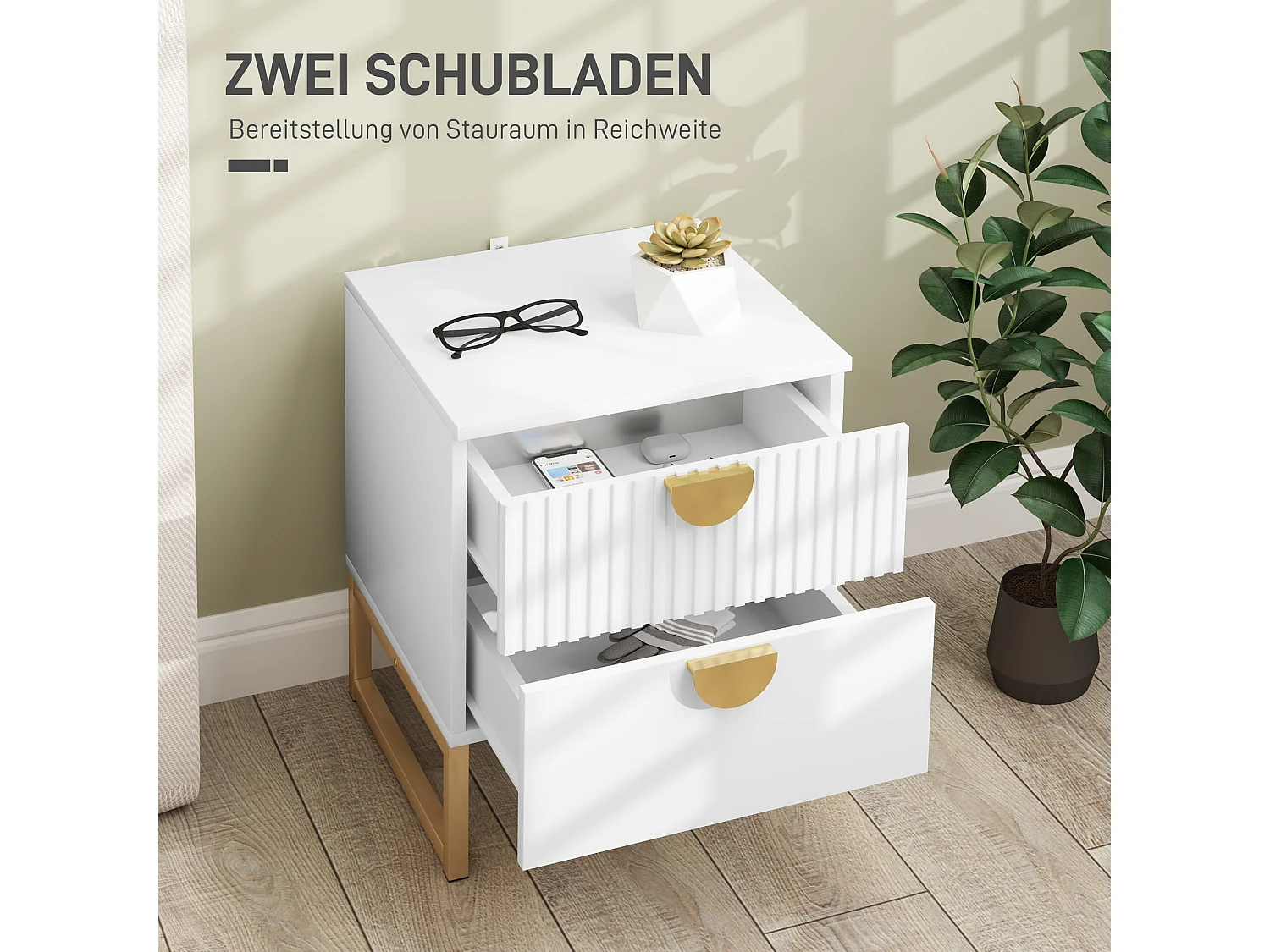 Table de chevet avec 2 tiroirs, meuble d'appoint, rangement avec poignées dorées, MDF, blanc (40x40x50 cm)