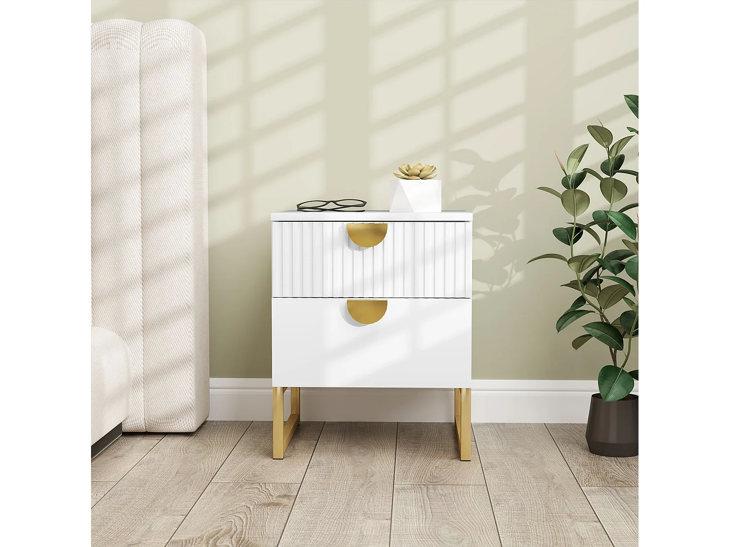 Table de chevet avec 2 tiroirs, meuble d'appoint, rangement avec poignées dorées, MDF, blanc (40x40x50 cm)