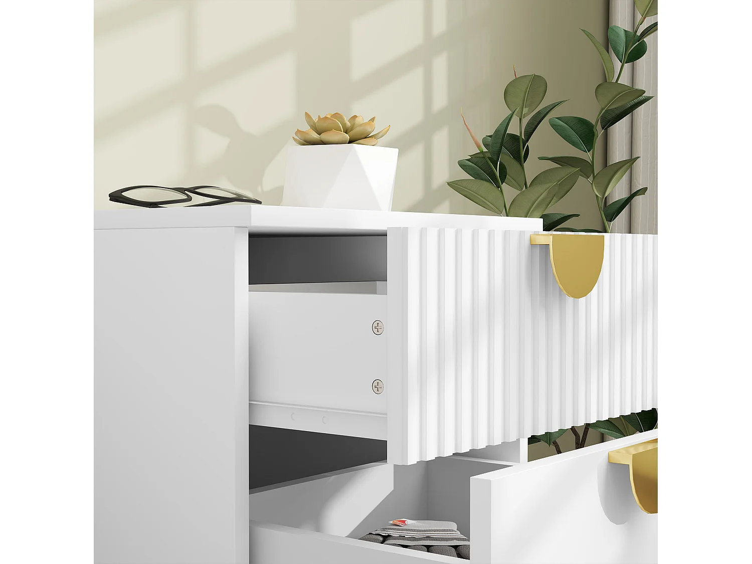 Table de chevet avec 2 tiroirs, meuble d'appoint, rangement avec poignées dorées, MDF, blanc (40x40x50 cm)