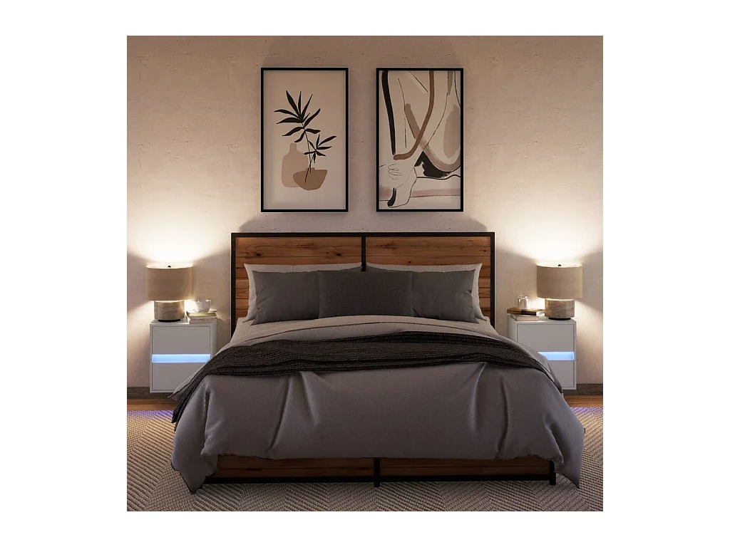 Tables de chevet murales avec lumières LED 2 pcs blanc
