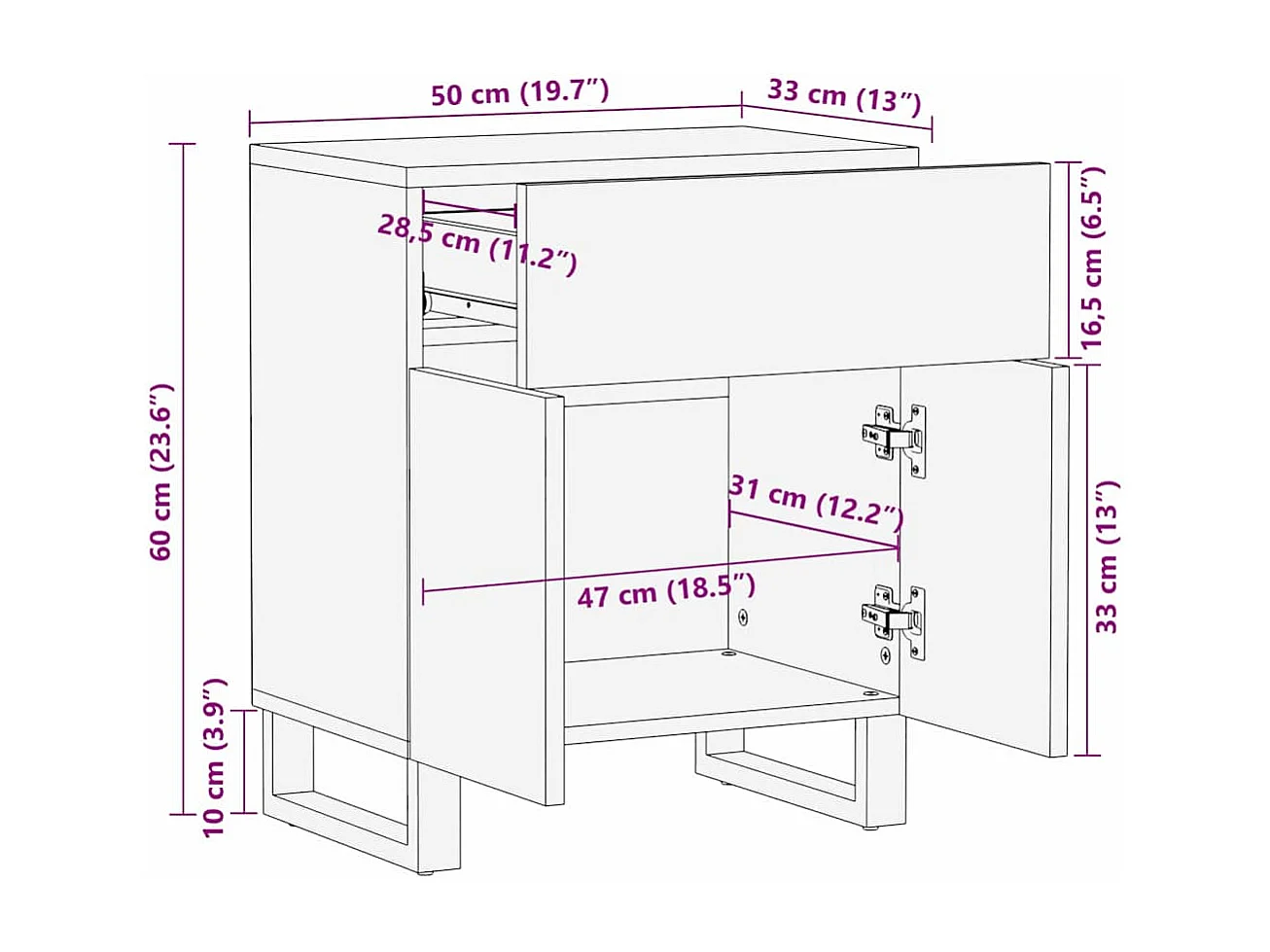 Cabinet de chevet - 50x33x60 cm, fait en bois de manguier massif