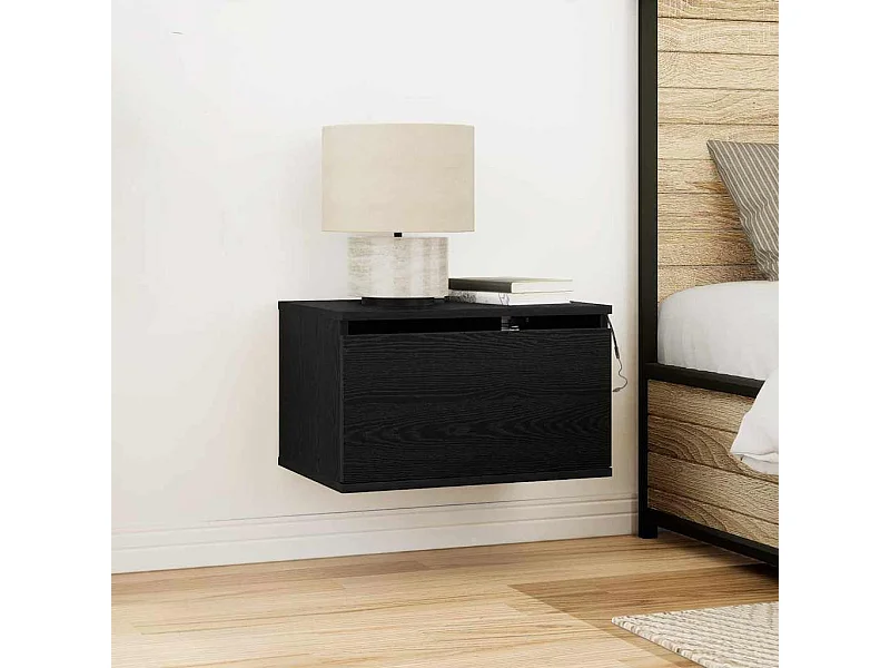 Meuble de chevet avec LED monté au mur en chêne noir 50x36x30 cm