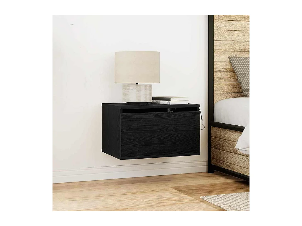 Meuble de chevet avec LED monté au mur en chêne noir 50x36x30 cm
