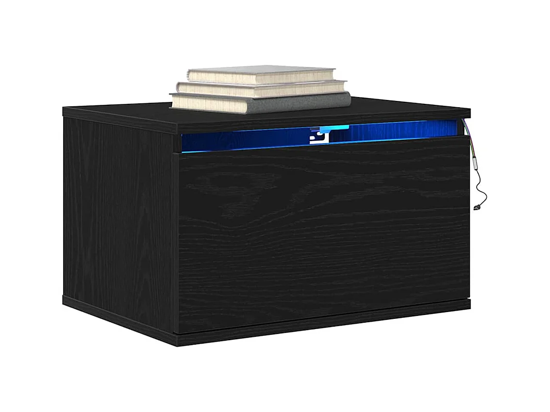 Meuble de chevet avec LED monté au mur en chêne noir 50x36x30 cm