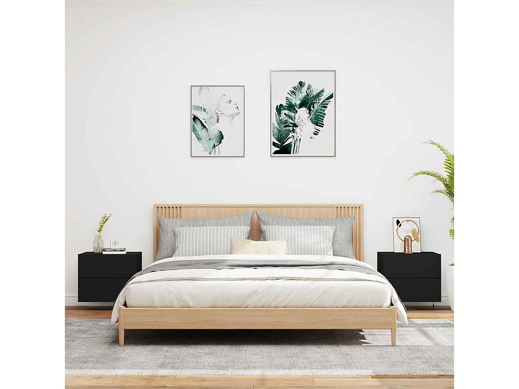 Mesitas de noche de pared con luces LED 2 piezas negras