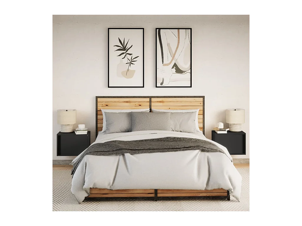 Comodini da parete con luci LED 2 pezzi neri