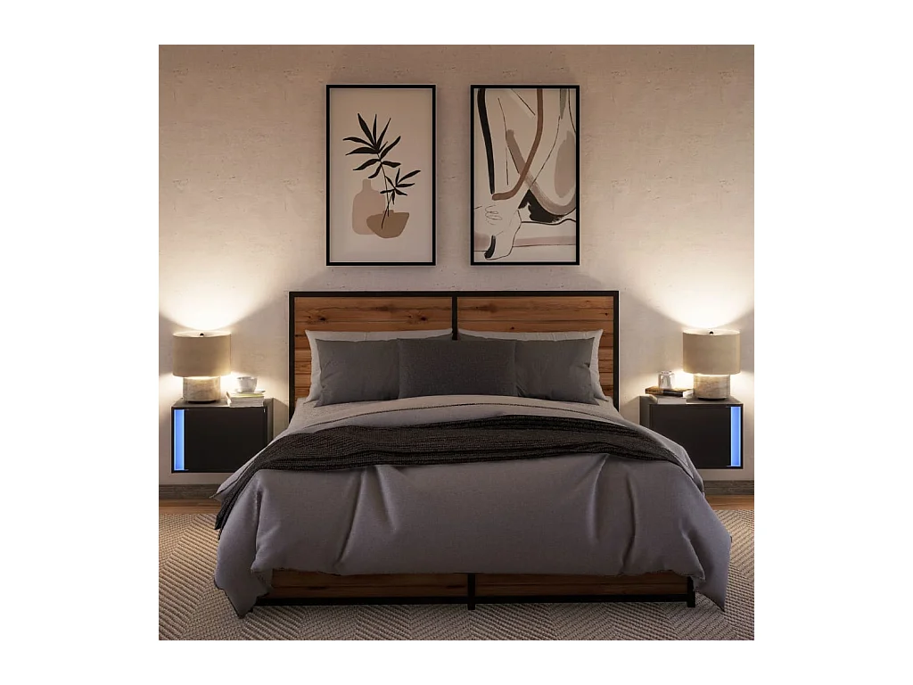 Comodini da parete con luci LED 2 pezzi neri