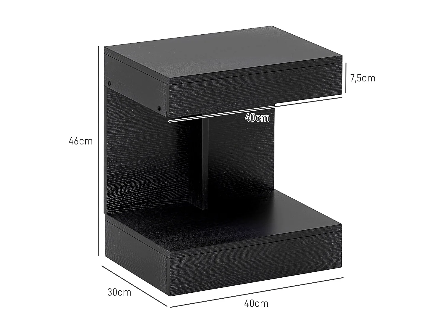Table de chevet avec tiroirs et étagères, bois, noir (40x30x46cm)