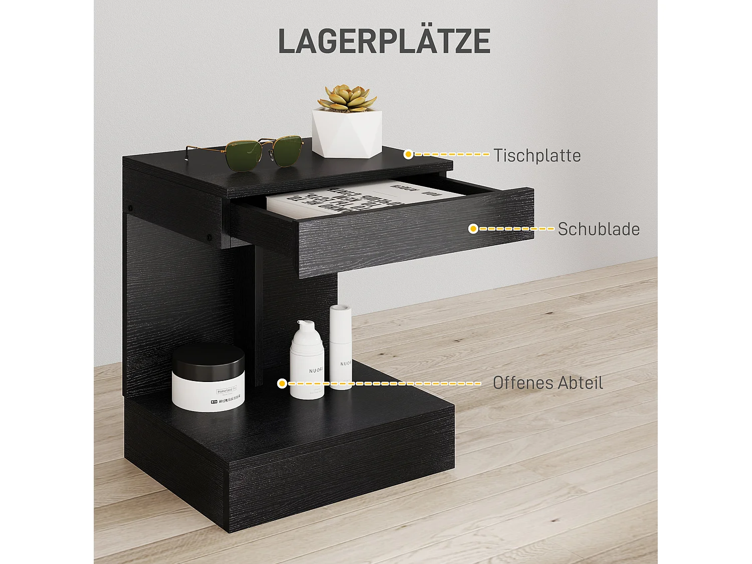Table de chevet avec tiroirs et étagères, bois, noir (40x30x46cm)